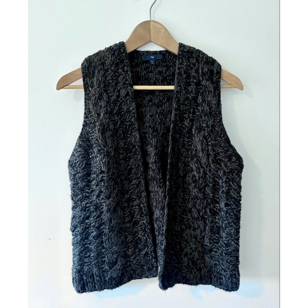 GAP Chunky Crochet Wool Blend Black Gray Cable Knit Sweater Vest Womens XS